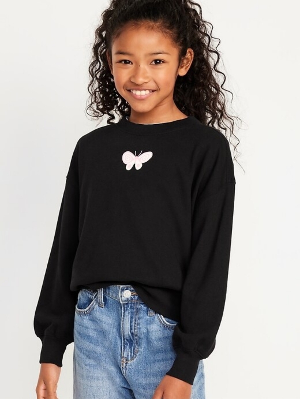 Old Navy Oversized Black Crew Neck with Butterfly Design Girls Size 10/12 - Picture 2 of 10